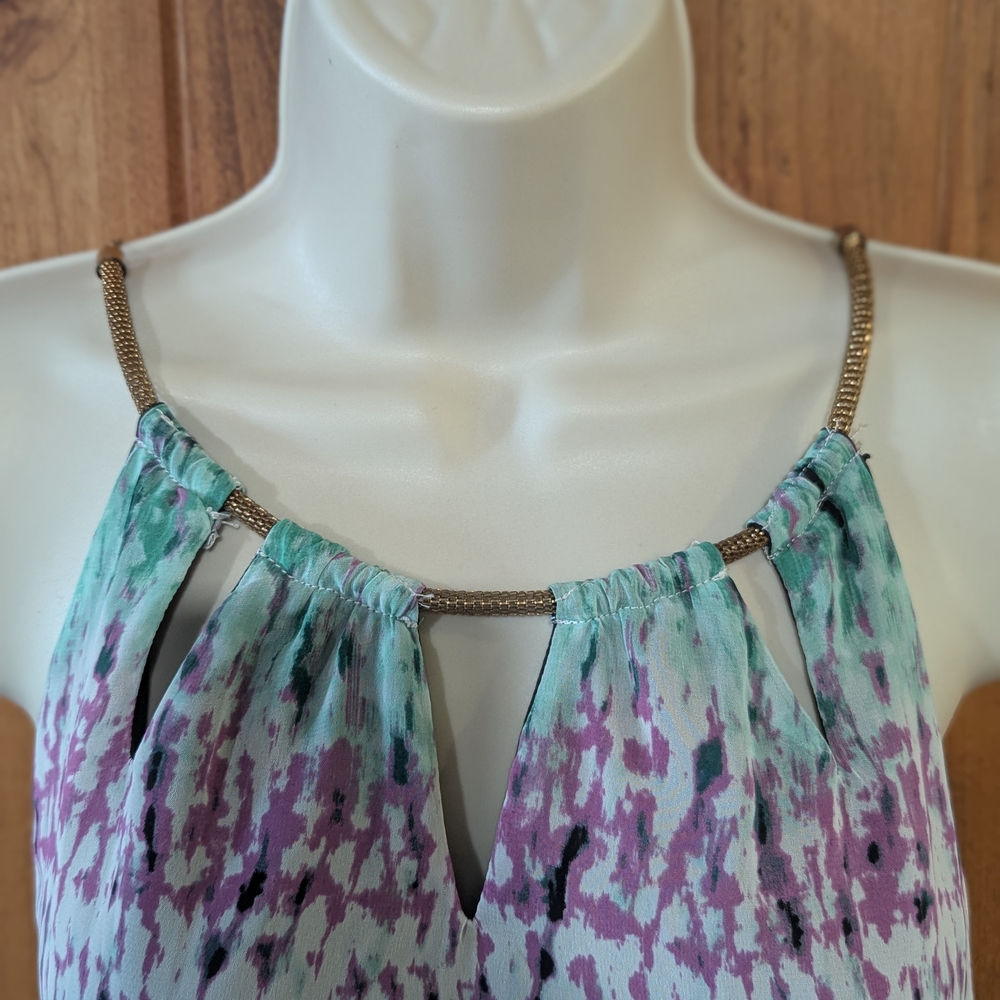 A. Byer Elegant Purple And Green Halter Top‎ With Gold Chain Necklace